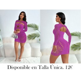 Vestido de manga larga ajustado con cuello redondo, de malla transparente y sólida con diseño hueco de moda