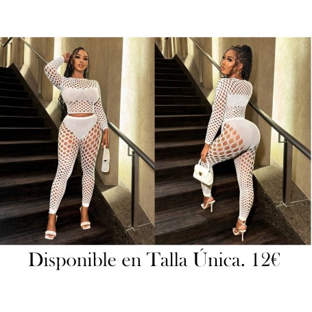 malla de moda de verano: parte superior y pantalones de manga larga con cuello redondo y perspectiva hueca de unicolor