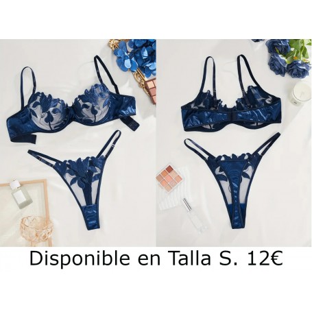 Conjunto de lencería elegante, sujetador y braguitas de encaje floral semitransparente,