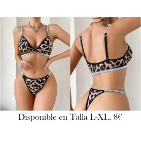 Conjunto de lencería sexy, sujetador de tirantes brillantes con estampado de leopardo y braguitas inalámbricas