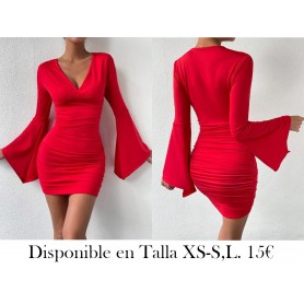 Vestido ajustado de cuello profundo manga de campana fruncido