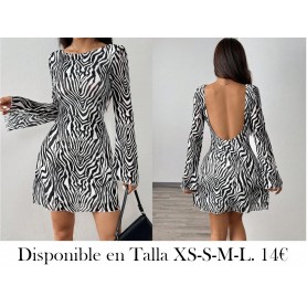 Vestido de malla con mangas largas acampanadas, espalda descubierta y estampado de cebra sexy de verano para mujer