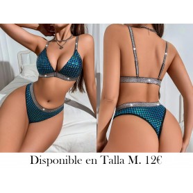 Conjunto de Sujetador Sexy de Fuego Dorado Brillante LENCERIA AZUL