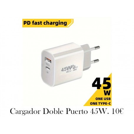 Cargador de doble puerto de 45W cargador blanco