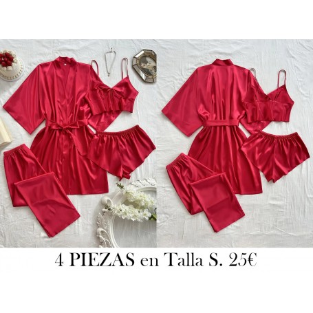 Conjunto de pijama de satén 4 PIEZAS BATA ROJA