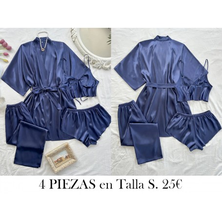 Conjunto de pijama de satén para mujer de 4 piezas BATA AZUL