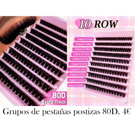 Kit de 200 racimos de pestañas individuales de 10 filas, curvatura en D 80D de 8-16mm