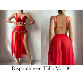 Set sexy de 3 piezas decorado con rhinestones para fiesta de San Valentín: Top lencería, Tanga, Falda larga con abertura alta