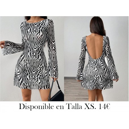 Vestido de malla con mangas largas acampanadas, espalda descubierta y estampado de cebra sexy de verano para mujer