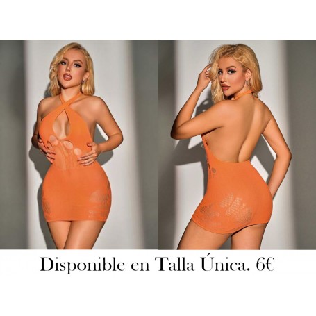 1 pieza Lencería sexy con cuello halter VESTIDO MALLA NARANJA