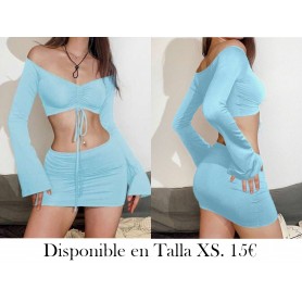 Conjunto de 2 piezas de top corto de manga acampanada CONJUNTO AZUL CELESTE