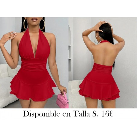 Monocolor Halter Cuello Mameluco VESTIDO ROJO