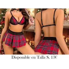 Conjunto de Falda de Encaje Negro y Rojo a Cuadros TRAJE COLEGIALA