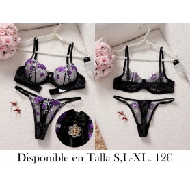 Conjunto de Sujetador y Tanga LENCERIA NEGRA Y MORADA