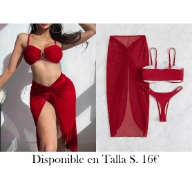 Conjunto De Bikini De 3 Piezas De Color Sólido LENCERIA VINO