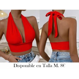 Top corto halter con cuello en V sólido TOP ROJO
