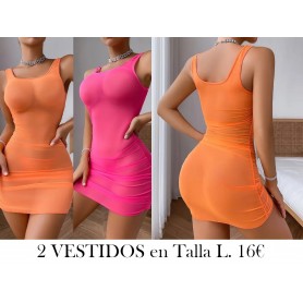 2 piezas de Pijamas Sexys para Mujer de Color Sólido 2 VESTIDOS NARANJA Y ROSA