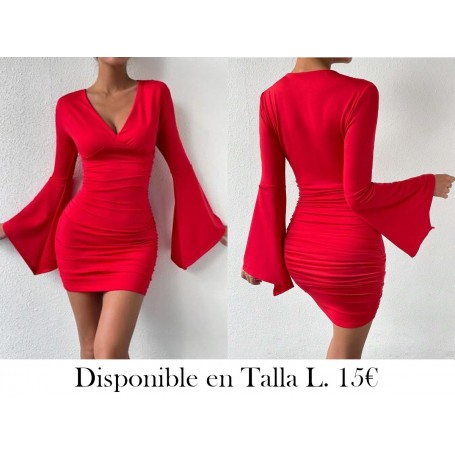 Vestido ajustado de cuello profundo manga de campana fruncido