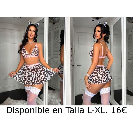 Conjunto de lencería estilo vaca completo: sujetador, tanga, falda, medias sobre la rodilla, y diadema Disfraz TRAJE