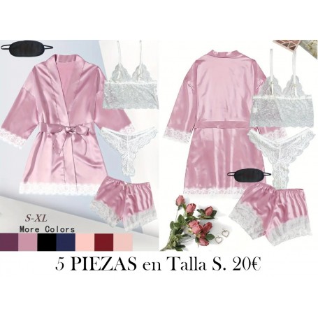 Juego de satén de encaje de flores BATA ROSA CON ANTIFAZ