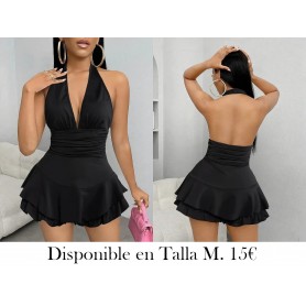 1pc Vestido mini de cuello en V con tirantes VESTIDO NEGRO