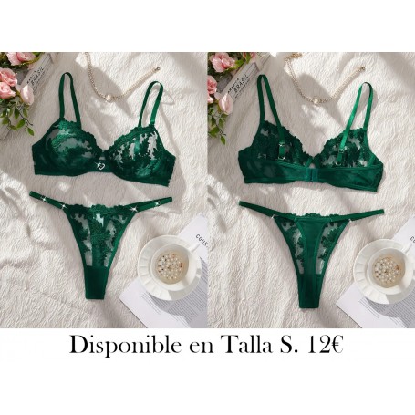 Conjunto de Lencería Bordado con Flores Verdes LENCERIA VERDE