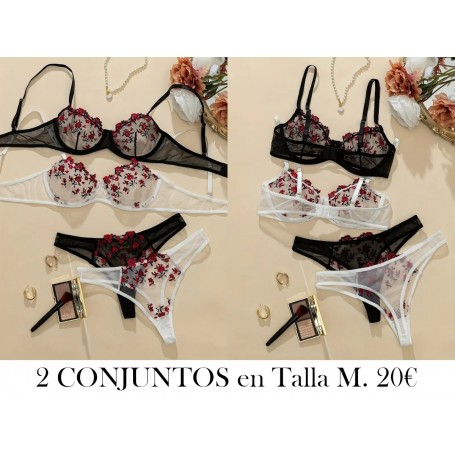 2 piezas Juego de hermoso estampado floral LENCERIA NEGRA Y BLANCA