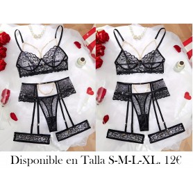 5pcs Conjunto de Sujetador de Malla Bordado de Corazón LENCERIA NEGRA