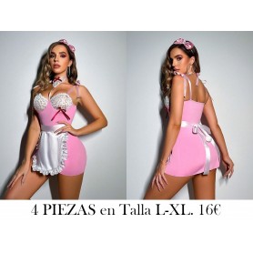 Conjunto de lencería de 4 piezas que incluye sujetador con soporte, camisón, diadema, shorts y delantal LENCERIA ROSA