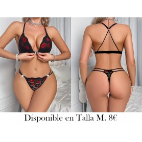 Conjunto de Ropa Interior Sexy con Hebilla Delantera LENCERIA NEGRA BESOS ROJOS