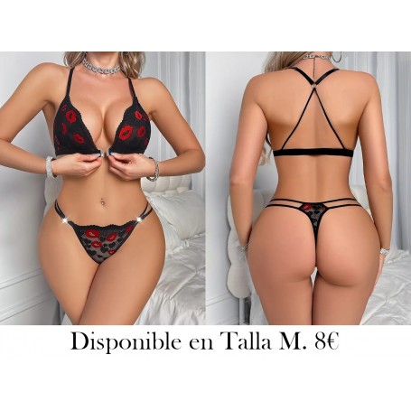 Conjunto de Ropa Interior Sexy con Hebilla Delantera LENCERIA NEGRA BESOS ROJOS