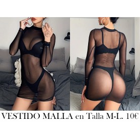 Vestido Ajustado de Manga Larga y Malla Negra MALLA NEGRA