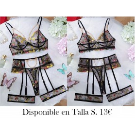 5piezas Conjunto de lencería de malla bordada LENCERIA NEGRA