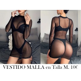 Vestido Ajustado de Manga Larga y Malla Negra MALLA NEGRA