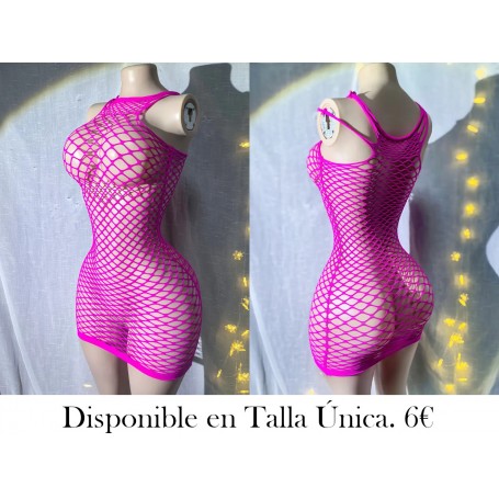1pz Vestido Ajustado Transparente de Red MALLA FUSCIA MALLA ROSA