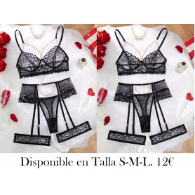 5pcs Conjunto de Sujetador de Malla Bordado de Corazón LENCERIA NEGRA