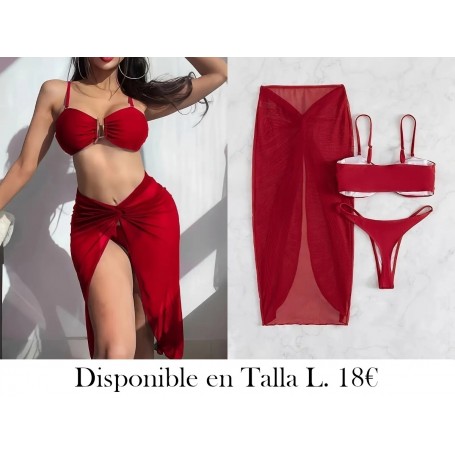 Conjunto De Bikini De 3 Piezas De Color Sólido LENCERIA ROJA VINO