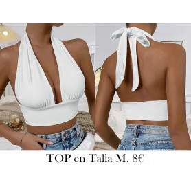 Top corto halter con cuello en V sólido  abierta TOP BLANCO