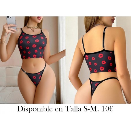 Conjunto de Ropa Interior Cómoda con Estampado LENCERIA NEGRA BESOS ROJOS