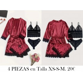 Conjunto de pijama sexy de encaje y satén BATA VINO