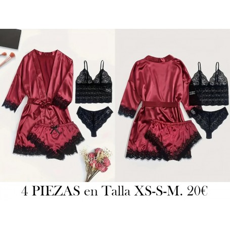 Conjunto de pijama sexy de encaje y satén BATA VINO