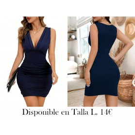 Vestido ajustado de cuello en V de color sólido VESTIDO AZUL