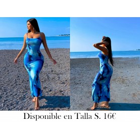 Elegante vestido largo sin mangas con estampado floral VESTIDO AZUL