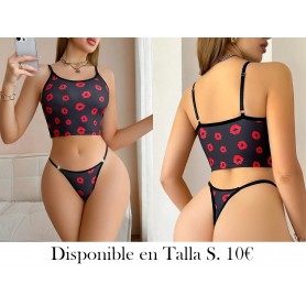 Conjunto de Ropa Interior Cómoda con Estampado LENCERIA NEGRA BESOS ROJOS