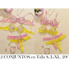 2 piezas Juego de hermoso estampado floral 2 conjuntos de lenceria rosa amarillo