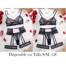 5pcs Conjunto de Sujetador de Malla Bordado de Corazón LENCERIA NEGRA