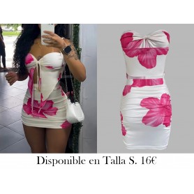 Nueva conjunto de 2 piezas, top sin tirantes y falda ajustada CONJUNTO BLANCO FLORES FUSCIAS