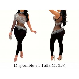 Mono de malla con pedrería y empalme ENTERIZO NEGRO