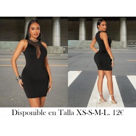 Vestido elástico negro de punto y malla con cuello redondo VESTIDO NEGRO