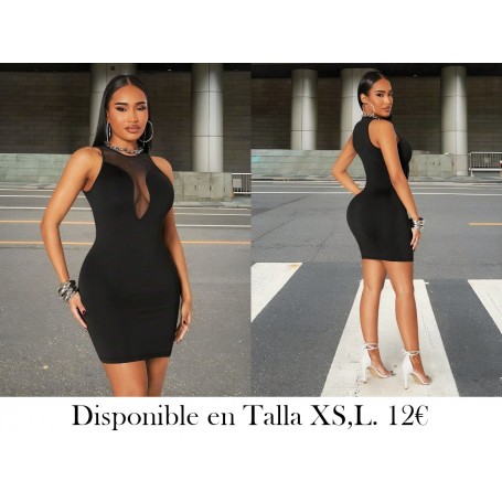 Vestido elástico negro de punto y malla con cuello redondo VESTIDO NEGRO